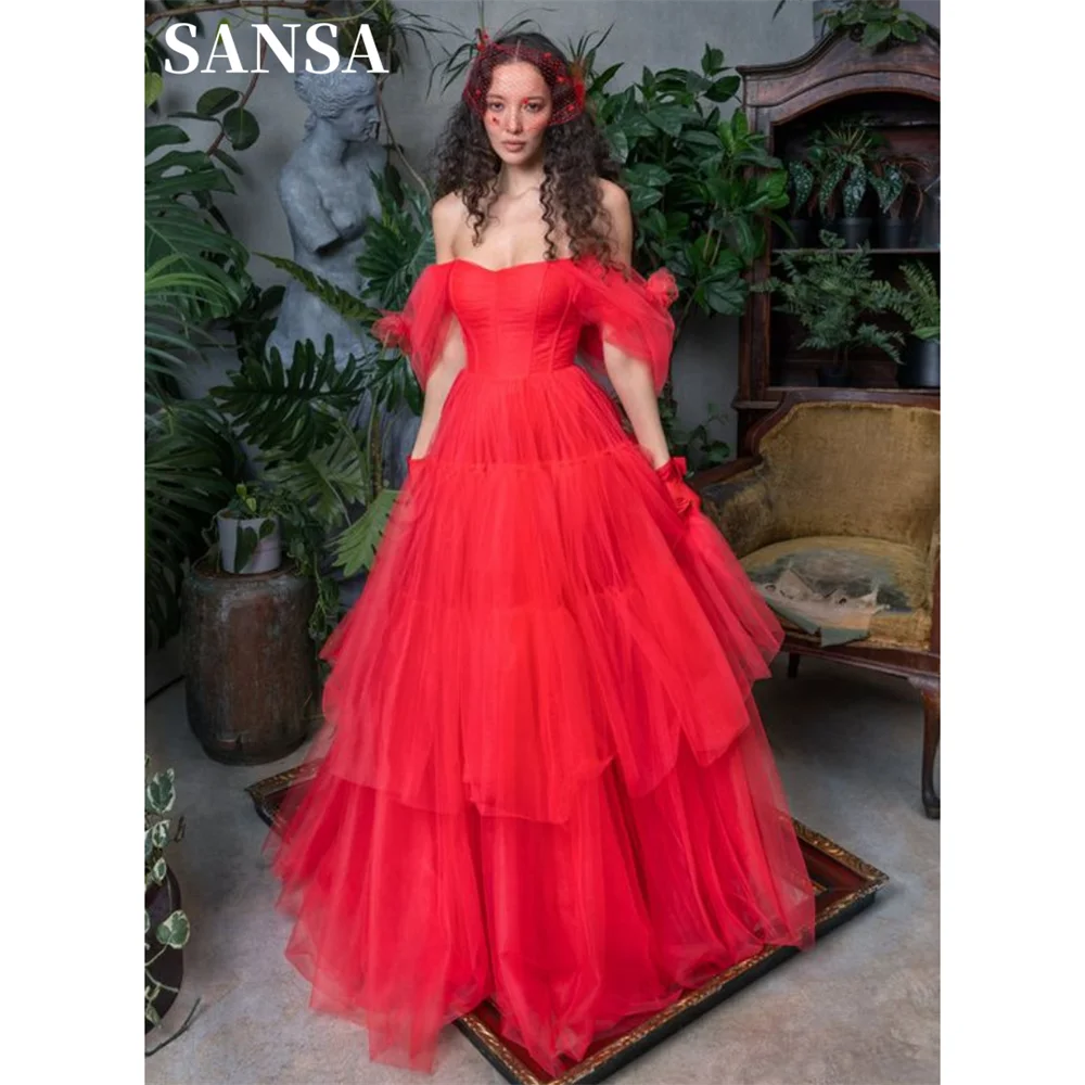 

Sansa Princess Off Shoulder Multilayer Prom Dress Sweet Red فستان حفلات الزفاف Sexy Puffy Tulle A-line Robes De Soirée