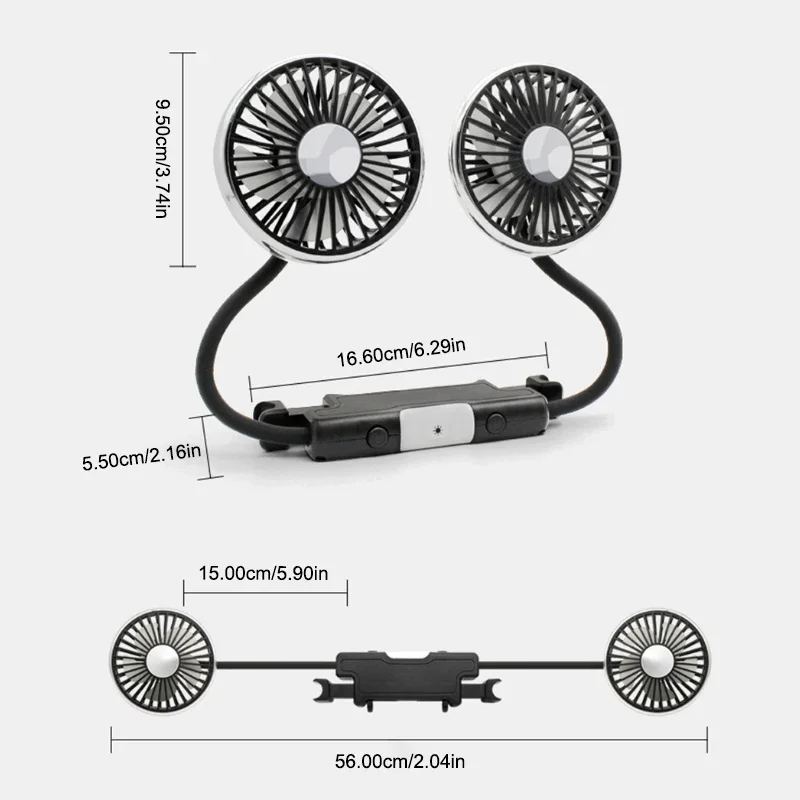 Car Fan Cooling Dual Head Type-c Usb Car Fan 3 Speeds Adjustable Auto Cooler Air With LED Lights Accessories electric fan car fan