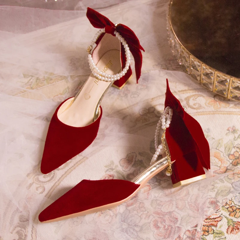 Pretty Big Bowtie Women's Thick Heel Pumps Trend Red Suede Pearls Buckle High Heels Ladies Wedding Dress Shoes Women 34-40 6