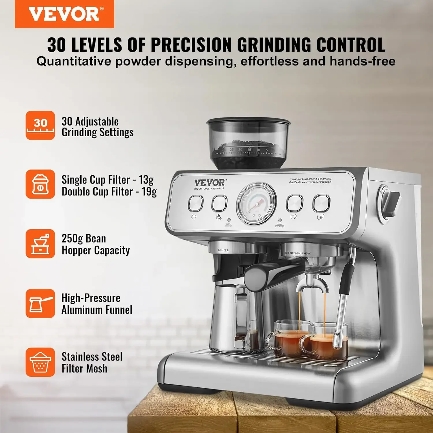 Espresso Machine with Grinder, 15 Bar Semi-Automatic Espresso Coffee Maker with Milk Frother Steam Wand, Removable Water T 2