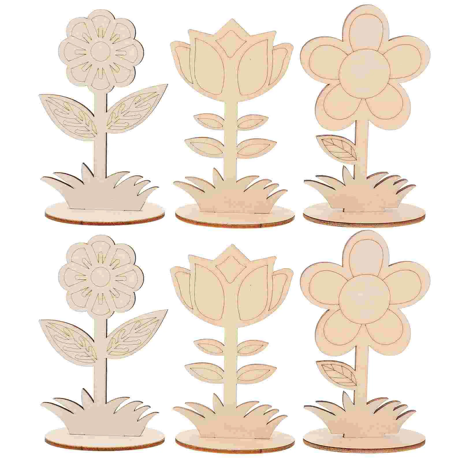 6 Pcs Embellishments for Crafts Handmade Flower Ornaments Wood Flowers Puzzle Paper Cut Wooden Decor DIY Blank Child