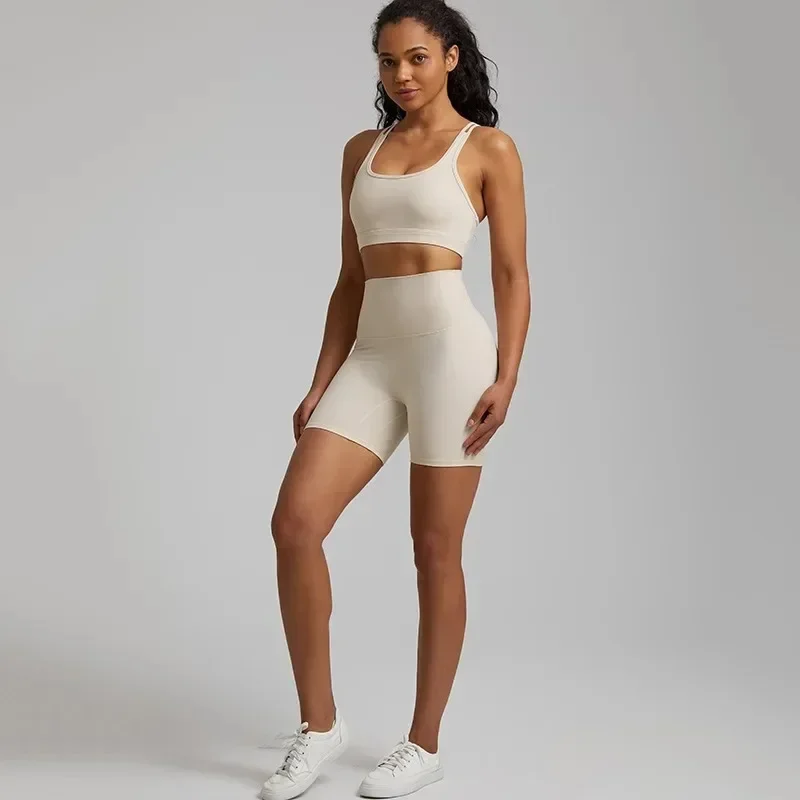 Lemon Soft Women Sport Suit High Waist Shorts Cross Fitness Bra 2pc Short Legging Yoga Set Gym Workout Training Hollow Out