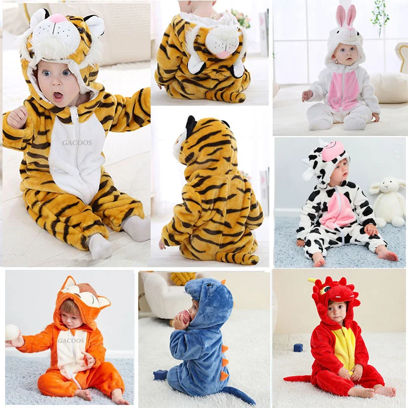 Baby Onesies Animal Romper for Newborn Winter Warm Cat Pajamas Kigurumi Tiger Costumes for Boy Girl Flannel Sleepwear Jumpsuit