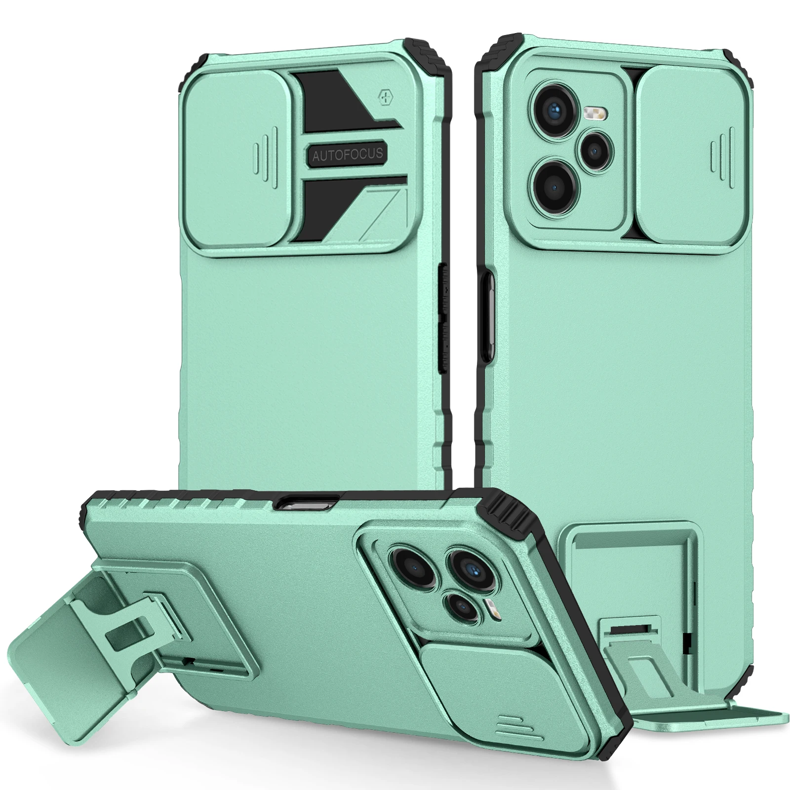 Durable Phone Case with Slide Camera Lens Protection and Stand