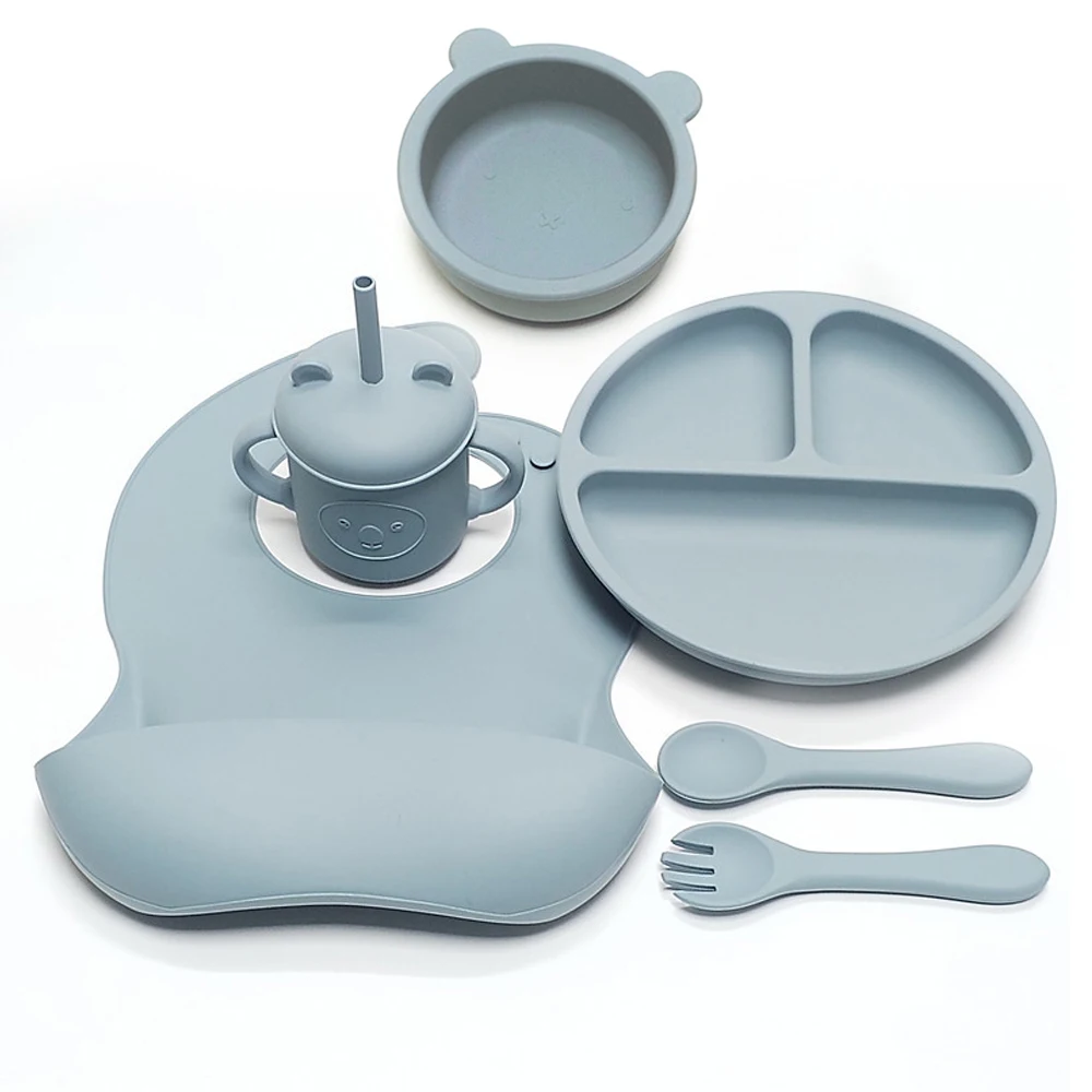 6pcs Children's Silicone Bowl with Compartment Tray and Bib Mug Children's Training Bowl, Fork and Spoon 3