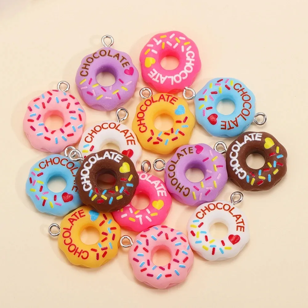 10Pcs 사랑스러운 다채로운 도넛 음식 참 장식품 귀 보석 만들기위한 3D 수지 펜던트 귀여운 키 체인 팔찌 DIY 액세서리 공급