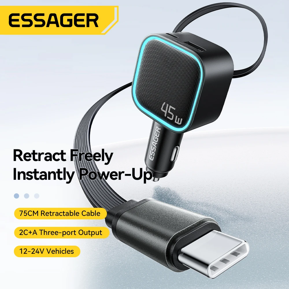 ESSAGER 45W Car Charger With 75CM Retractable Cable PD Fast Charging 3 Ports USB C & A Adapter For iPhone 17 16 15 Huawei iPad