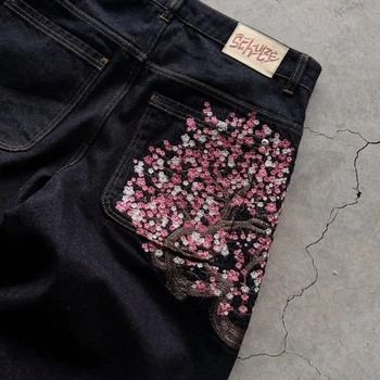 Y2K Baggy Jeans Cherry Blossom Embroidery Denim Pants Men Women American Hiphop Streetwear Wide Leg Denim Trousers 1