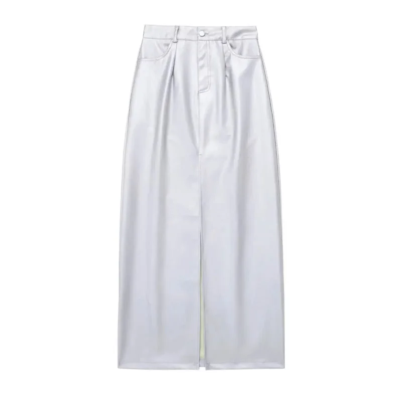 

ASDS 2024 spring new fashion silver bright leather high waist skirt chic zipper front split all-match mid-length skirt Mujer