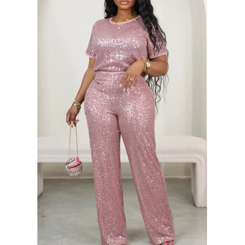 Casual Pink Sequin Women 2 Pieces Sets Fashion Solid Short Sleeved Tshirt Wide Leg Pants Set Two Piece Set Female 2024 New