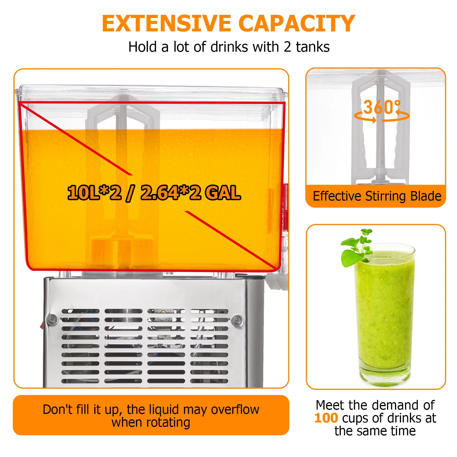 Commercial Beverage Dispenser, 2 Tanks 5.28 Gallon 20L Commercial Juice Dispenser, 10 Liter Per Tank, 280W Ice Drink Dispenser 6