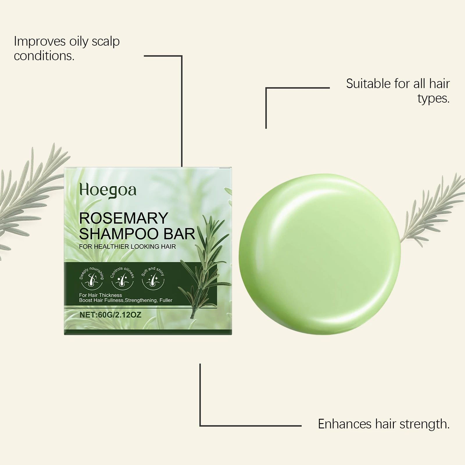 Rosemary Gentle Cleansing Shampoo Bar - Soap Bar for Smoothing, Adding Shine, Nourishing & Caring, Refreshing & Non-Greasy