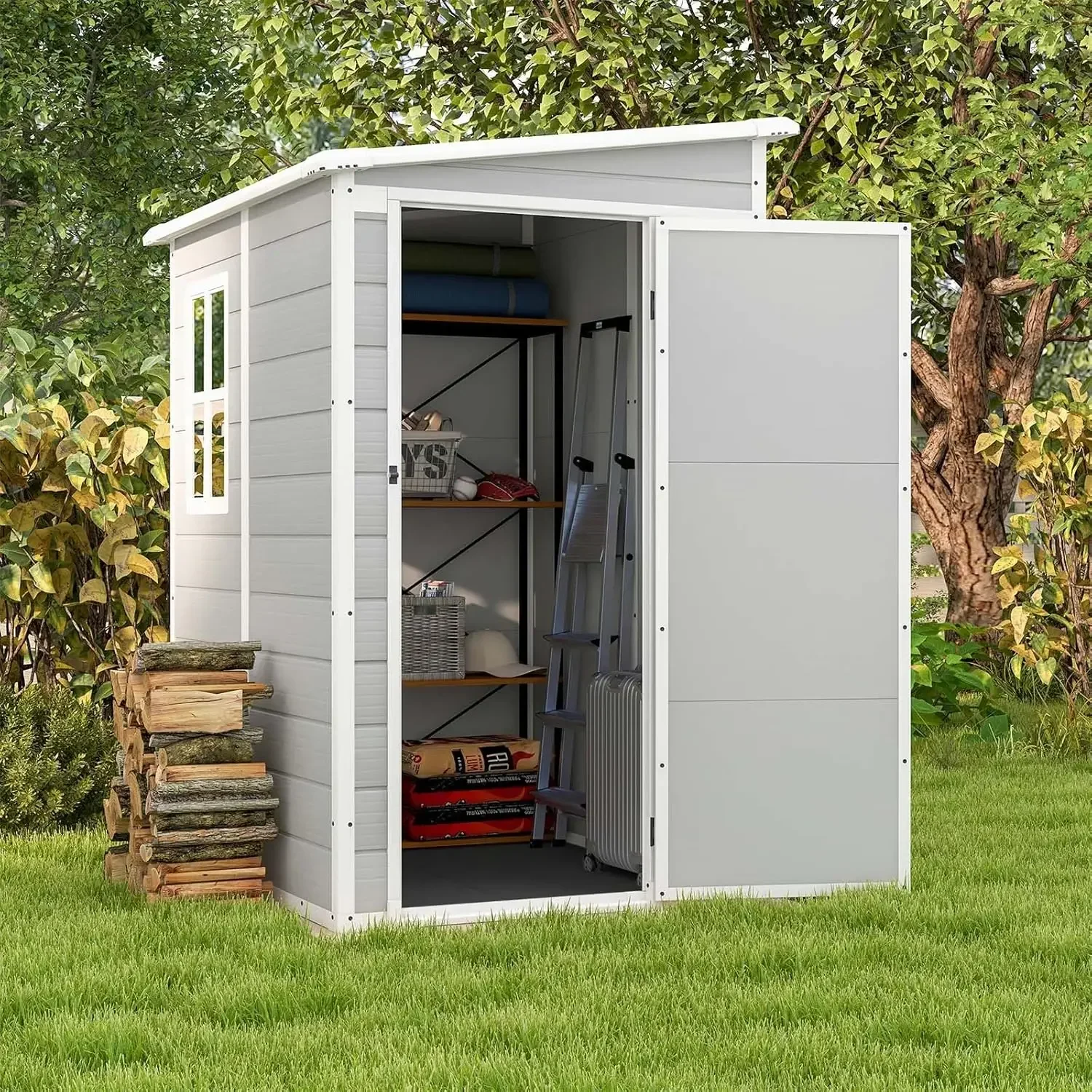 5x4 FT Outdoor Storage Shed, Resin Storage Shed with Floor & Lockable & Window Door for Patio Furniture,Garden Tools and Bicycle 3
