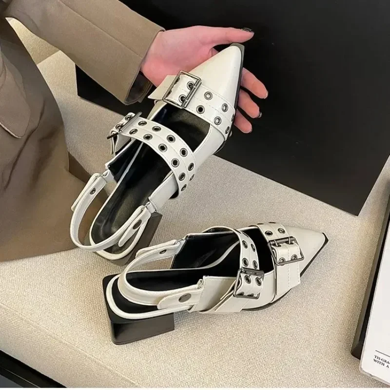 Slingback Shoes Gothic Chunky Heels Women's Pumps Rivet Street Style Medium Heel Punk Vintage Casual Sandals Spring Summer