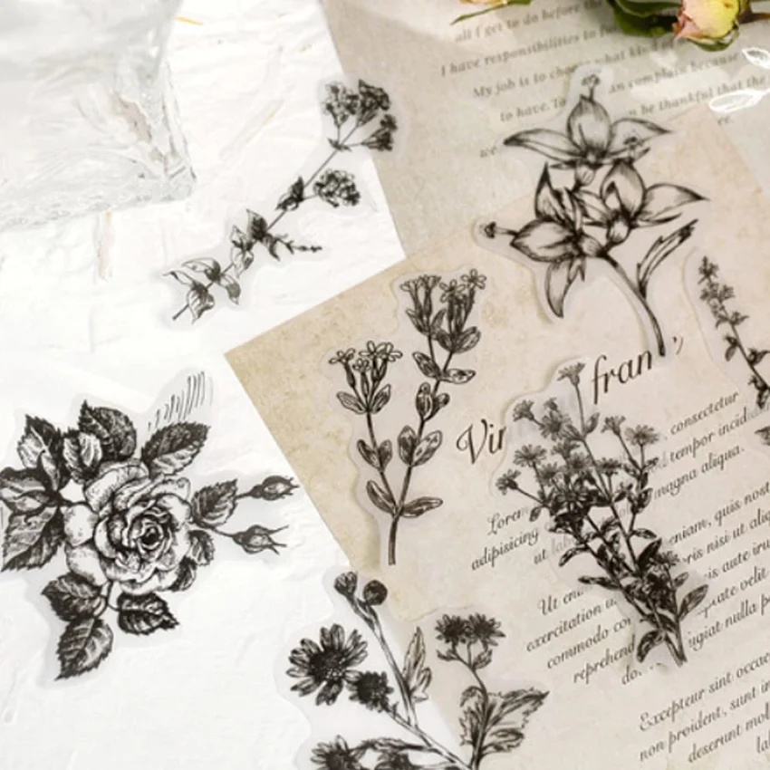 60 PCS Black and White Vintage Retro Flower Plant Stickers Decals for Laptop Scrapbooking Journal Planner Card Making