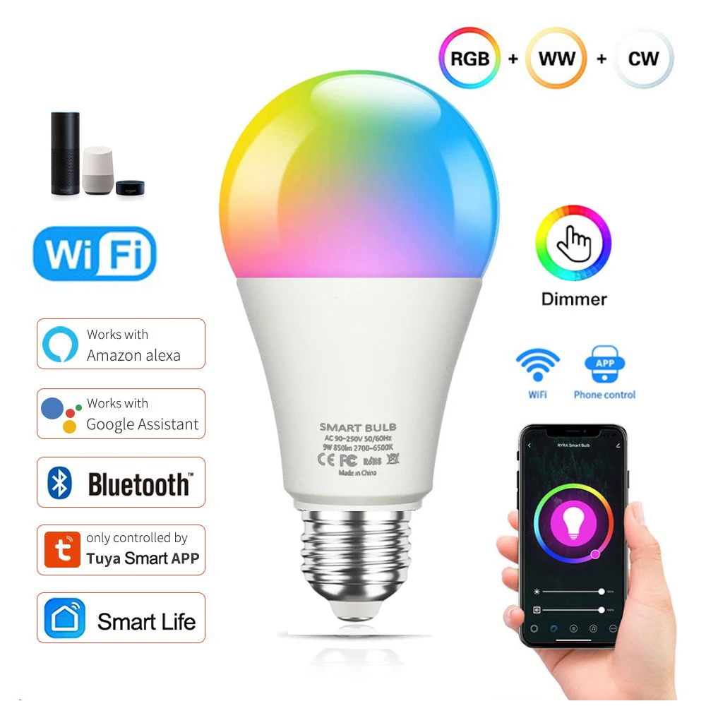 

Tuya WiFi E27 B22 Smart Dimmable Bulb RGB CW WW AC85-265V Home LED Light Smart Life App Control Support Alexa Google Home Alice