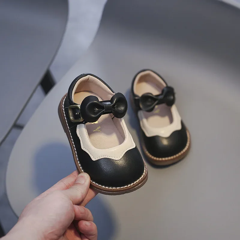 Retro Style Leather Shoes for Girls Spring Autumn Outdoor Children Kids Bowknot Princess Shoes Soft Soled Infant Toddler