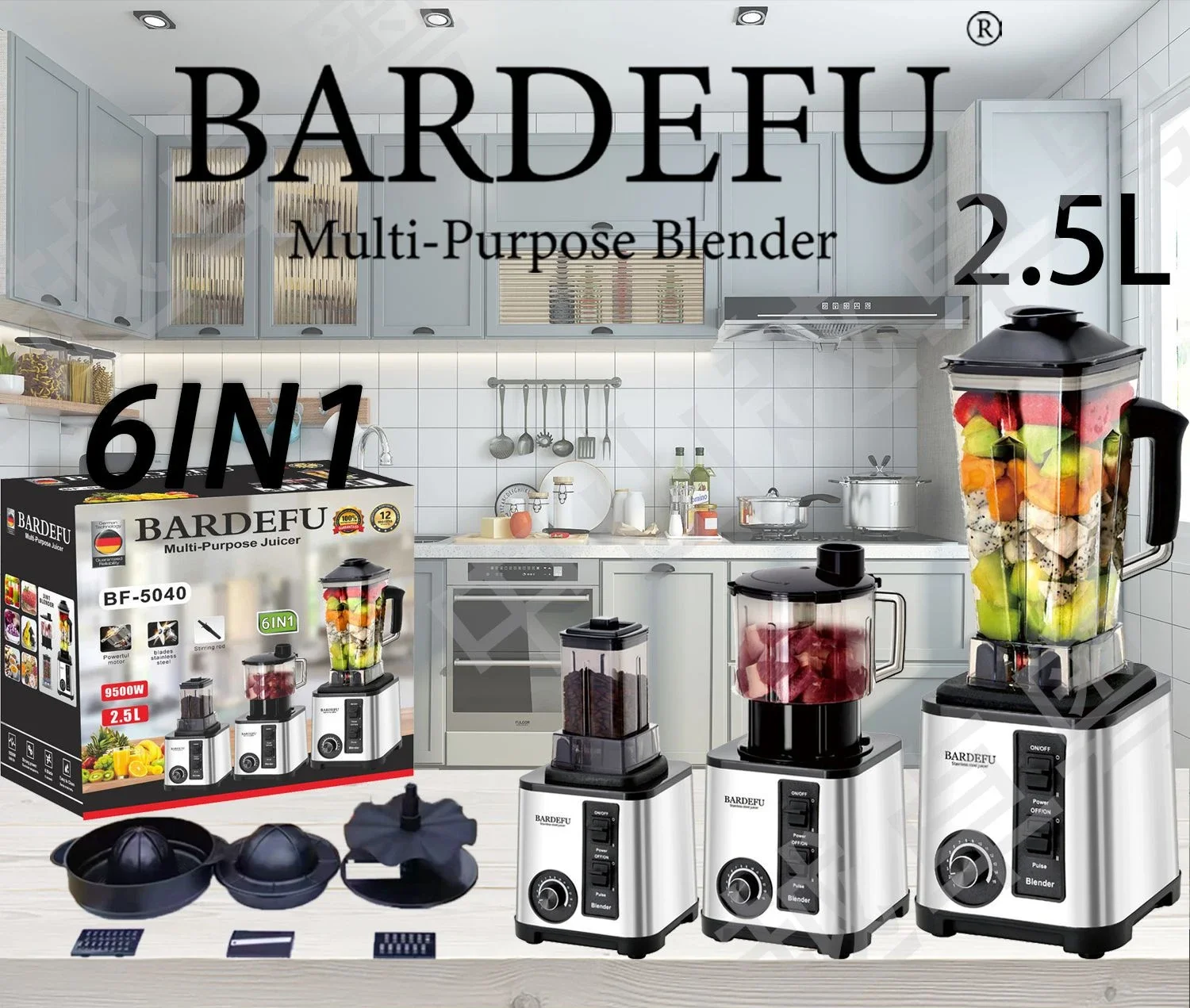 2.5L 6in1 Blender Stainless Steel Large Capacity Metal Juicer Meat Grinder Food Processor 6