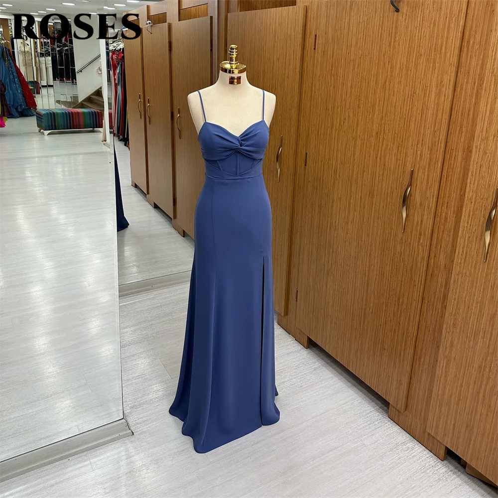 

ROSES Navy Blue Prom Dress Sweetheart Bodice Evening Dress Spaghetti Strap Sleeveless Party Dress Mermaid Satin فساتين السهرة