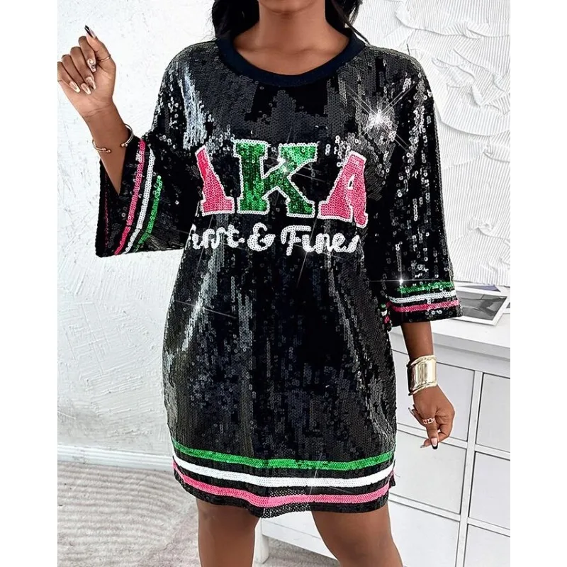 

Wepbel Casual Loose Sequined Letters Long T-shirt Dress Y2K Short Sleeve Tshirt Dress Women Black Striped Sequin T-Shirt Dress