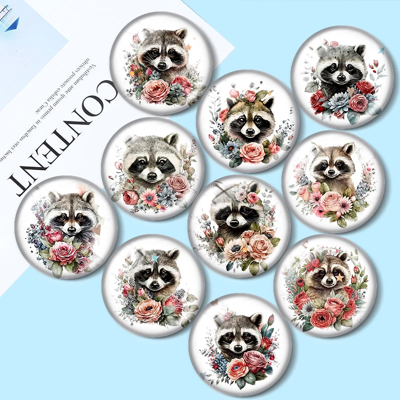 

Watercolor Raccoon Floral 10pcs 12mm/18mm/20mm/25mm Round photo glass cabochon demo flat back Making findings