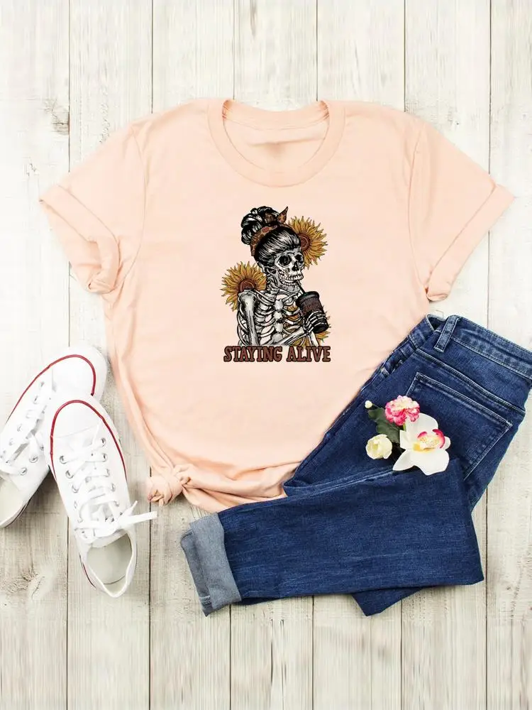 

Women Summer Tee Print Cartoon Shirt Female Short Sleeve T Top Skull Flower Cute Lovely T-shirts Graphic Fashion Clothing