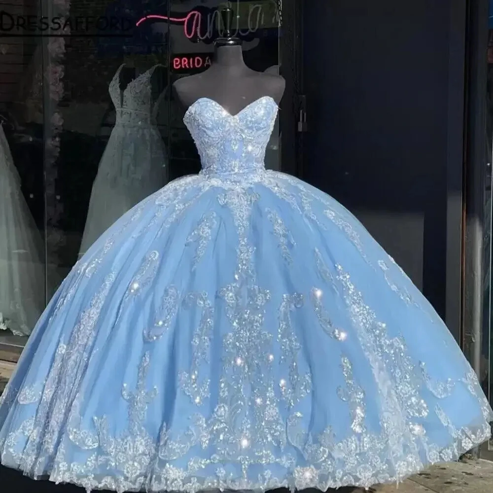 ANGELSBRIDEP Light Blue Sweetheart Quinceanera Dresses Tulle Appliques Ball Gown Vestido De 15 Anos Pageant Birthday Gowns