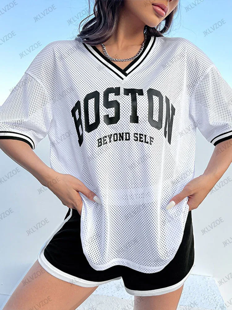 2024 Summer White Boston Print T-Shirt For Women V-Neck Mesh