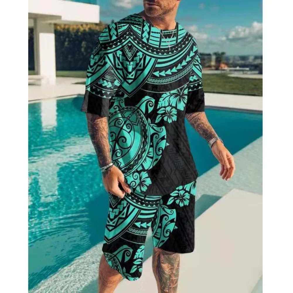 New Summer Men's 2 Piece Round Neck Short Sleeve T-Shirt + Shorts Set Polyester 3D Printing Casual Loose Sportswear Homewear