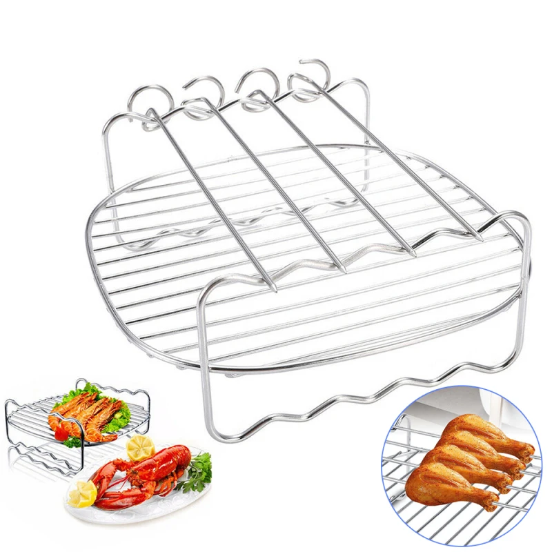 Portable Stainless Steel BBQ Rack Skewer Barbecue Grill Baking Tray for Air Fryer Double-deck Home Replacement |