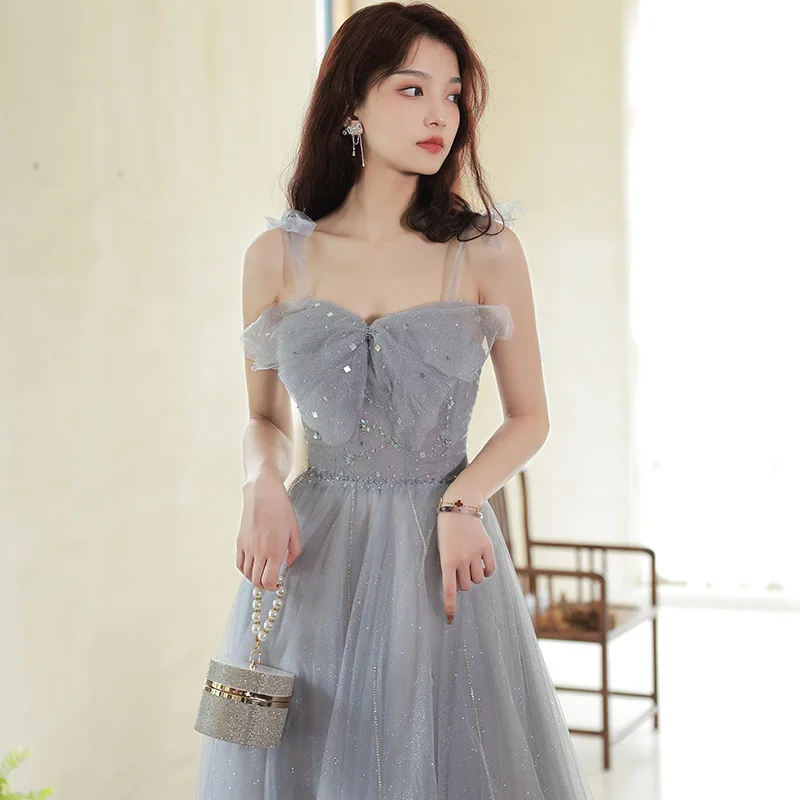 

Blue Tulle Evening Dress Women Spaghetti Strap Bow Sequins Cocktail Dresses Elegant Sweet Beaded Applique Prom Gown
