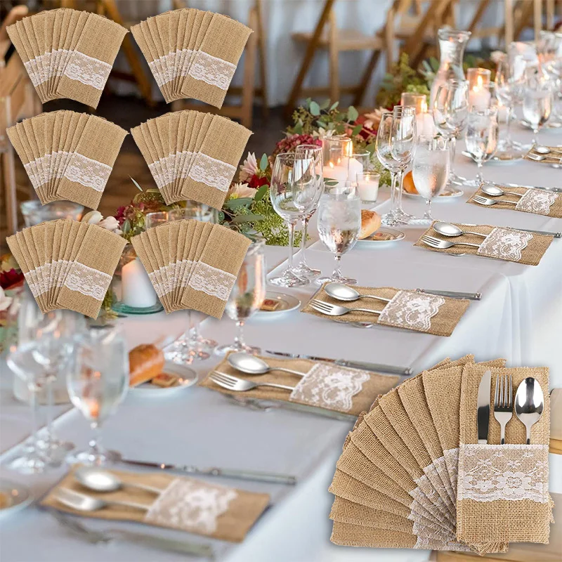 10/20/30 Stück Besteckhalter aus Sackleinen und Spitze, rustikale Jute-Bestecktaschen für Hochzeit, Geburtstag, Party, Bauernhaus, Esstisch-Dekoration – Detail 6