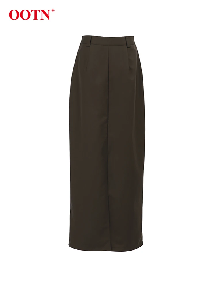 OOTN Street Chic Brown Split Skirts Elegant Autumn High Waist Long Skirts Women Gray Zipper Straight Skirt Women 2024 Twill images - 6