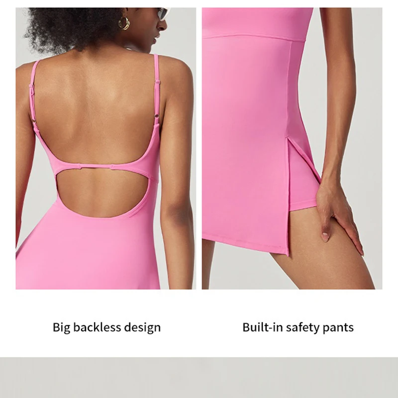 Tennis Dress with Shorts Women Badminton Clothing Golf Wear Dress with Chest Pad Split Slim Workout Outfit Sport Skirts