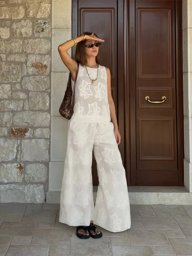 HH Women Solid Embroidery Pant Sets O Neck Sleeveless Vest Tops Loose Casual Drawstring Wide Leg Trousers Office Lady Outfit