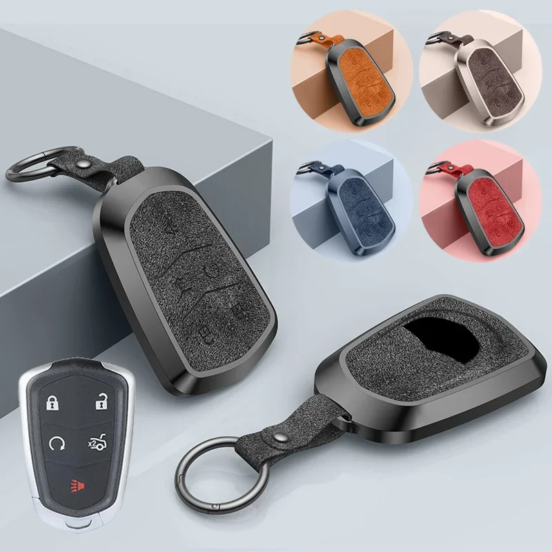 

Aluminum Alloy Leather Car Smart Remote Key Fob Case Cover Holder With Keychain For Cadillac CTS CT6 XTS XT5 SRX ATS Escalade