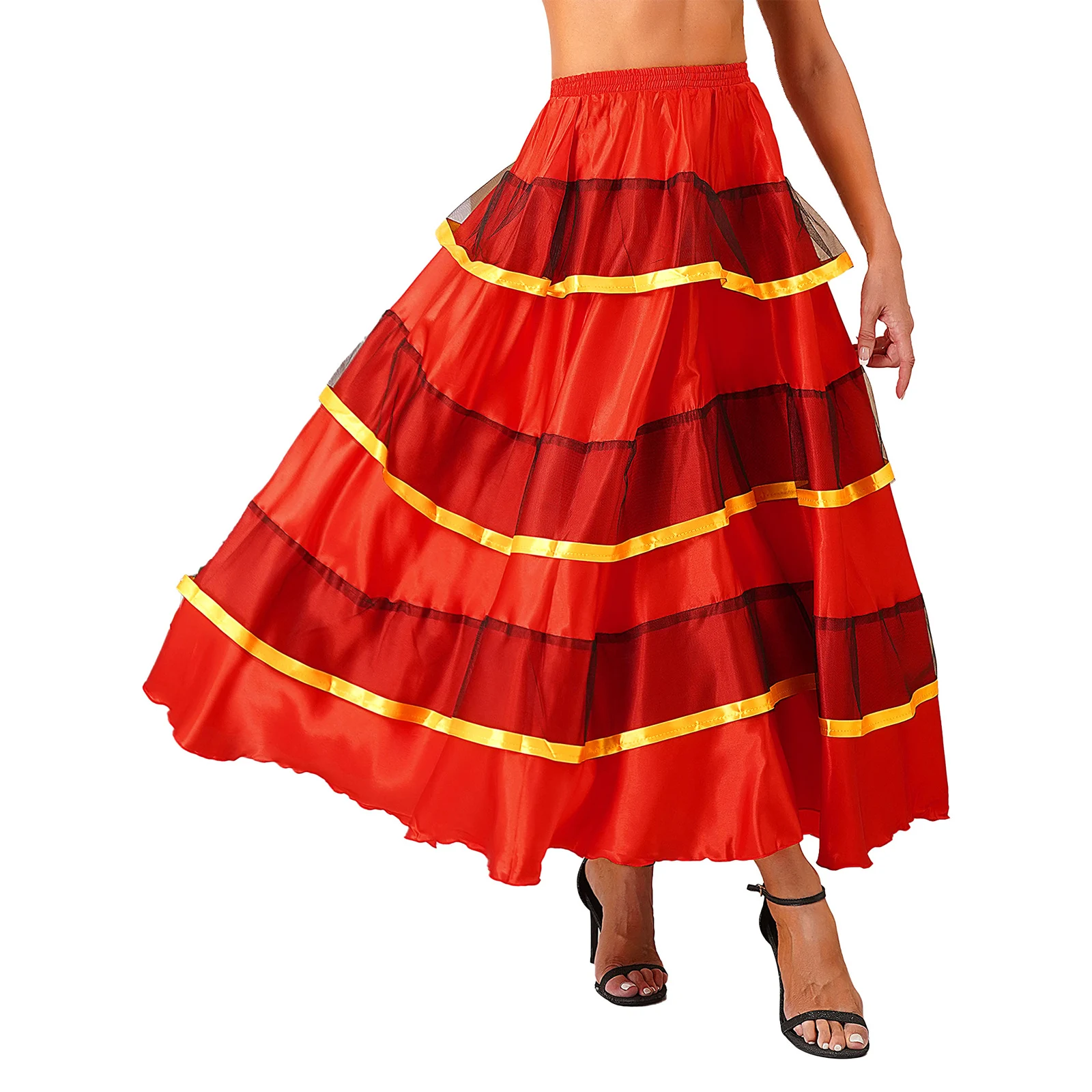 Womens Gypsy Flamenco Dance Skirt Tiered Ruffles Wide Hemline Ballroom Belly Spanish Dancing Carnival Costume