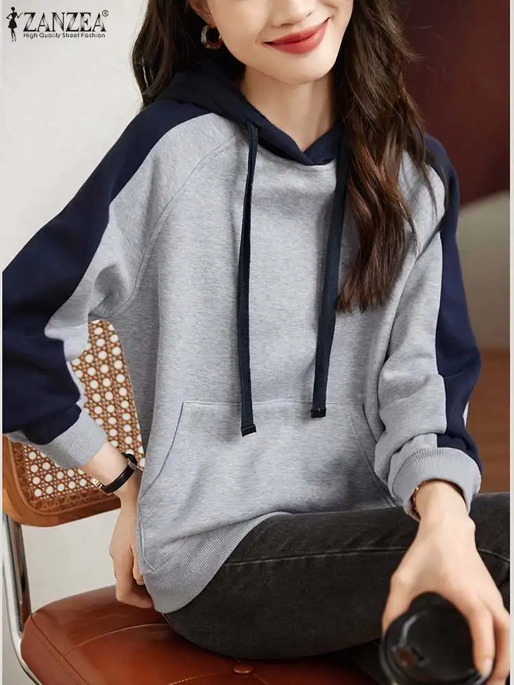 

Осенние женские толстовки с капюшоном ZANZEA, свитшоты в стиле пэчворк, блузка с длинным рукавом и круглым вырезом, Женский пуловер, повседневные свободные рабочие топы, блузы