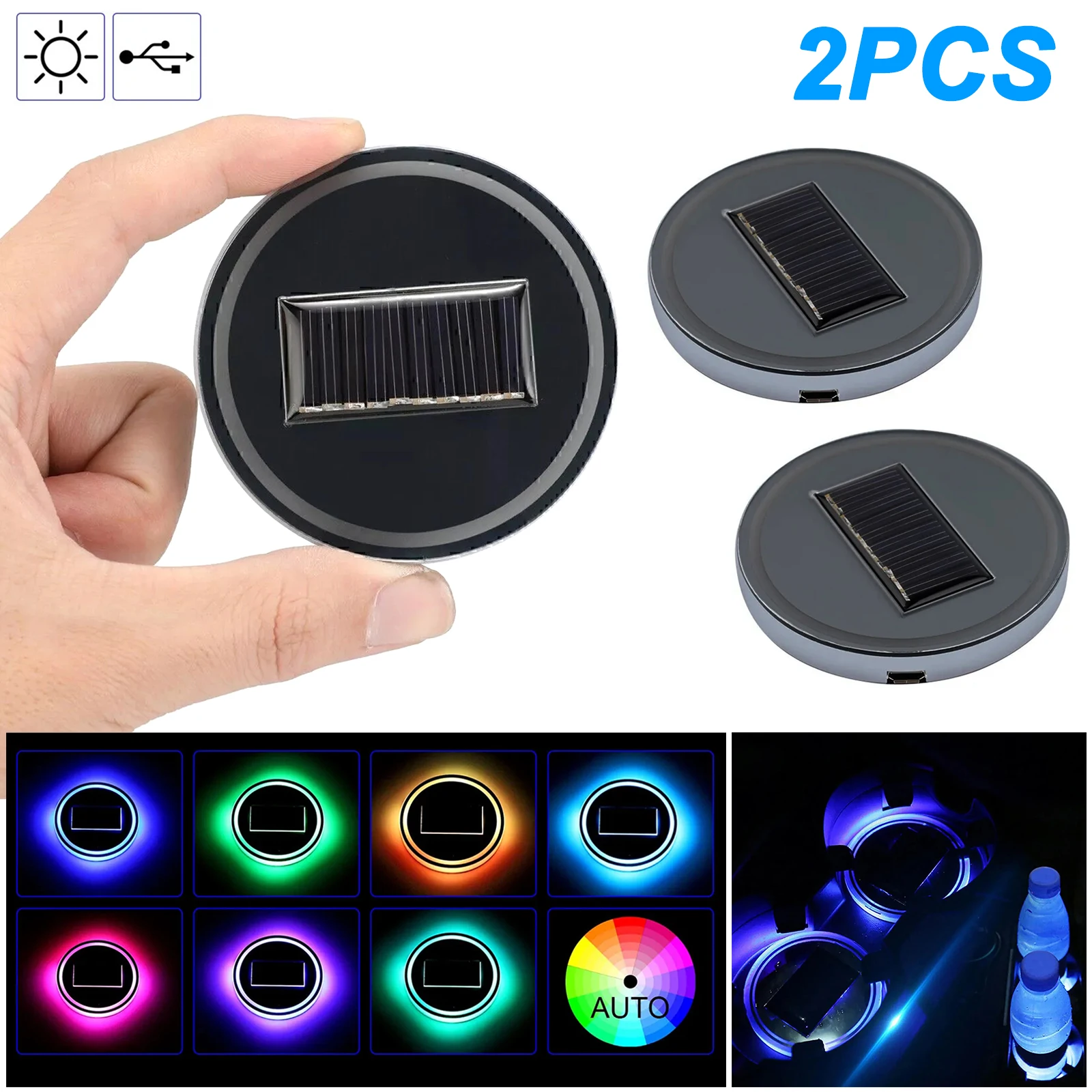 2pcs LED Solar Cup Pad Car Light Cover Interior Decoration Car Light Accessories