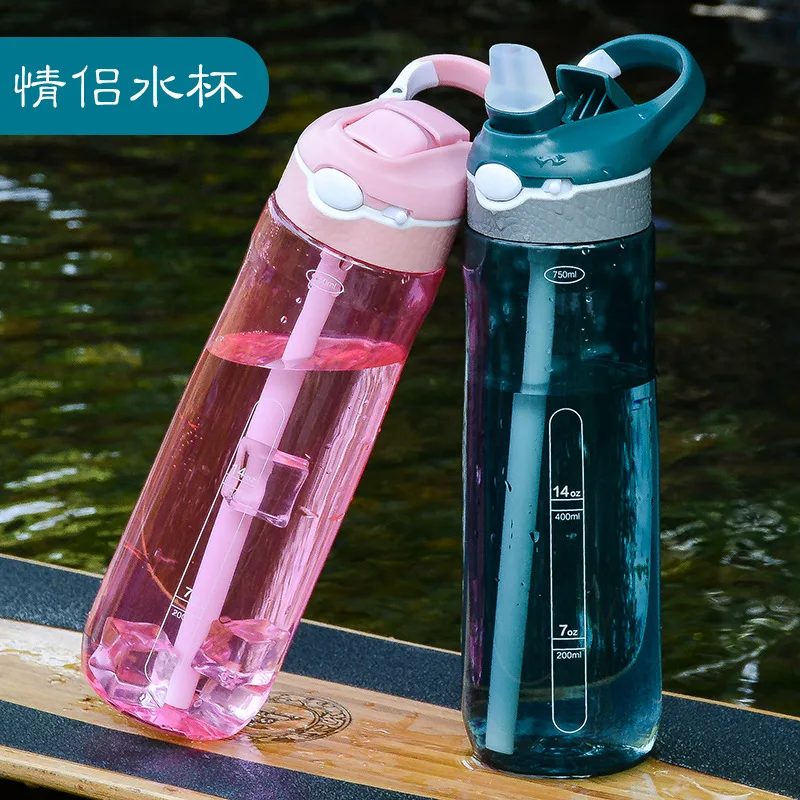 Description Picture 3 of item750ml Portable Sports Water Bottle With Straw For Camping Hiking Outdoor Plastic Transparent BPA Free Bottle For Men Drinkware