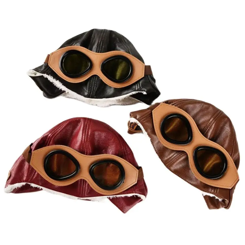 Children's Winter Leather Bomber Hat Keep Warm Glasse Boy Pilot Girl Ear Protection Cap Soft Artificial Fur Cold Change T46