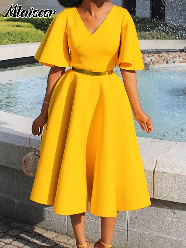 Mlaiscsr Women's Elegant Office Blue Mid Dress V-Neck Ruffle Sleeve High-Waisted Pleated A-Line Birthday Dinner African Vestidos - Image 2