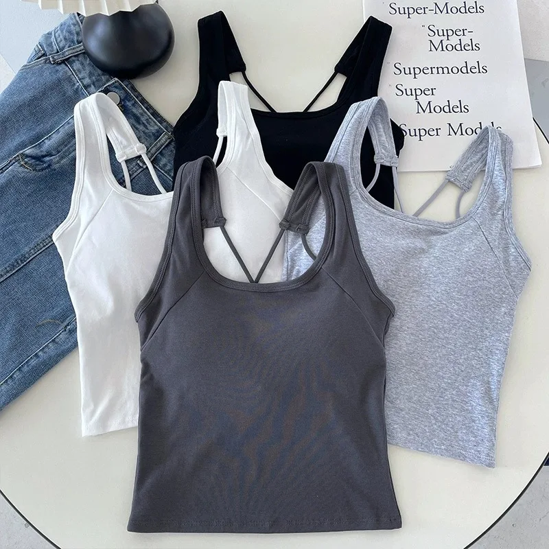 Solid Tank Top for Women Cross-sling Short Vest Sports Tank with Built in Bra One-piece Sleeveless Slim Fashion Crop Top Female