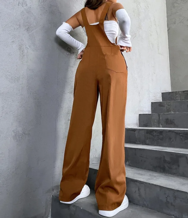 Retro Pocket Solid Color Straight Leg Utility Overalls Loose Fashion Casual Pants