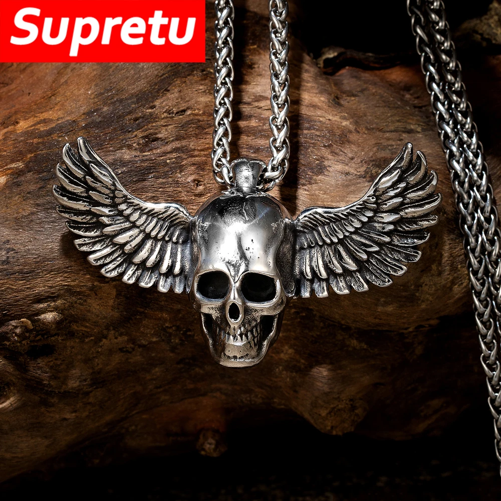 Vintage Gothic Devil Wings Skull Necklace Charm Punk Biker
