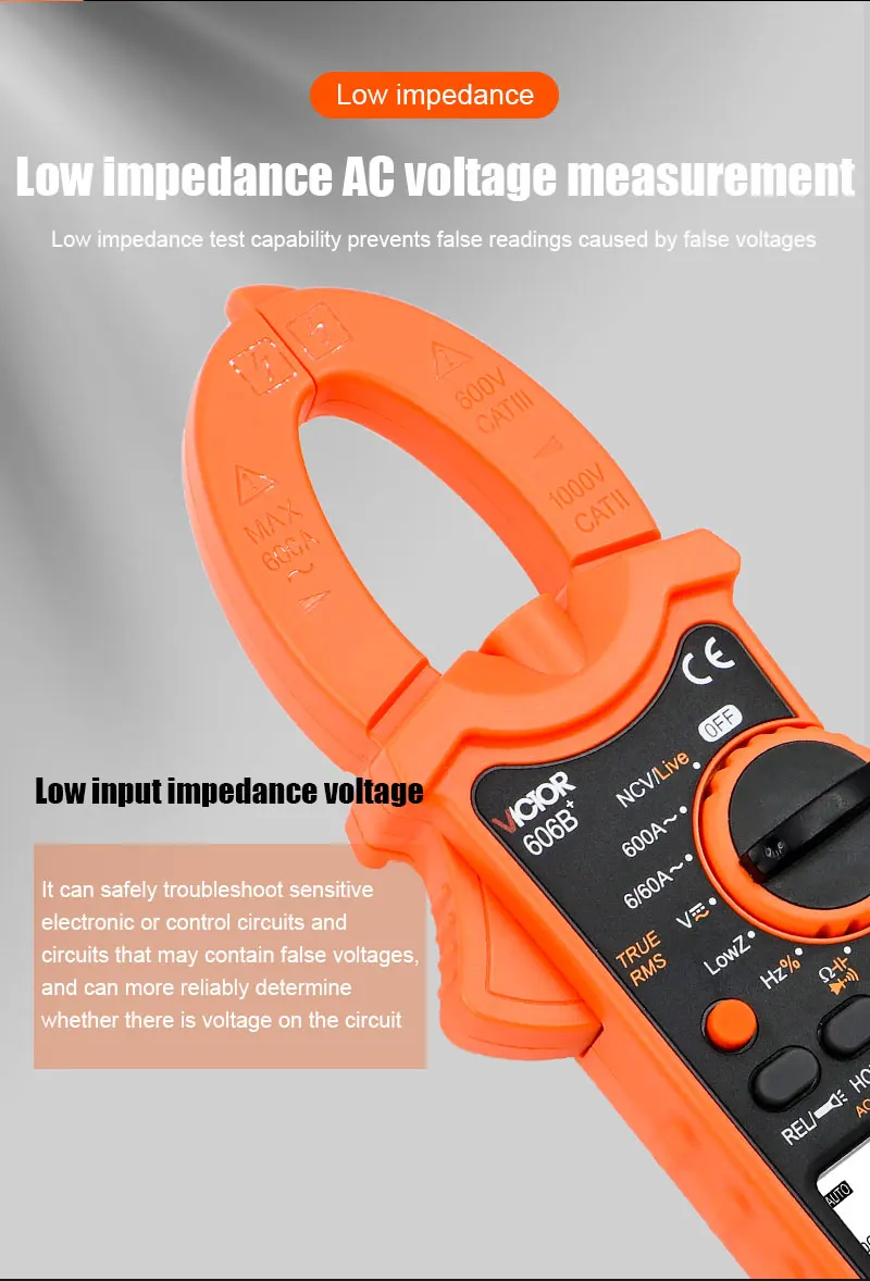 VC606+ Series Low Impedance Clamp Meter 5999 Digit Display 35mm 600A Inrush Curr