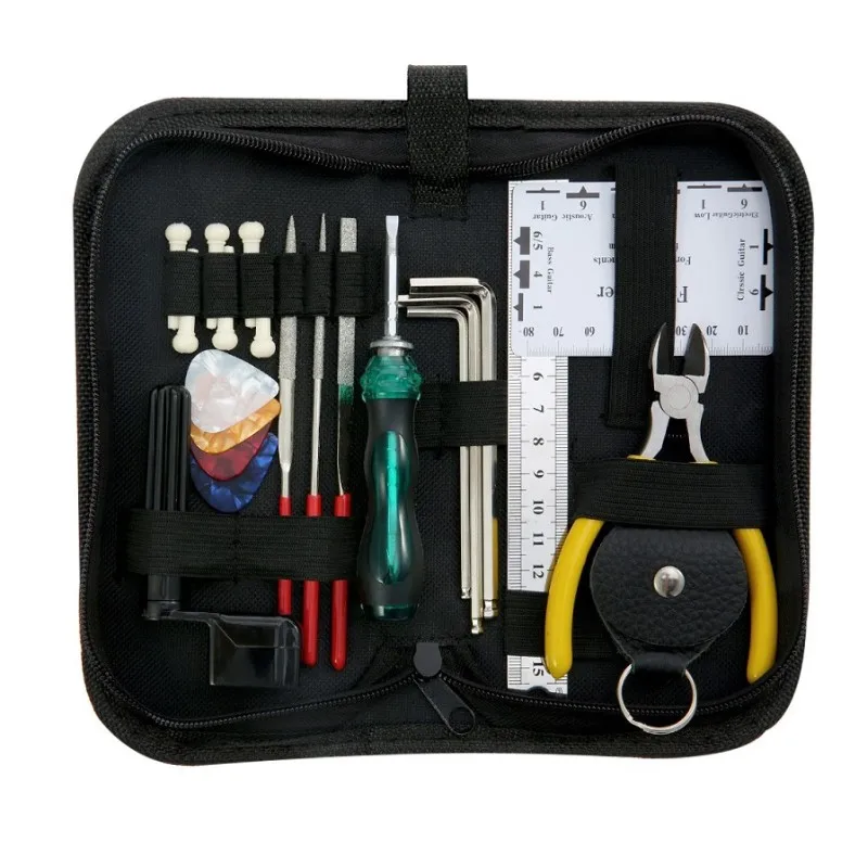 

All In One Guitar Repair Cleaning Tools Kit Guitar String Winder Cutter Pin Puller Wrench Ruler Picks File Screwdriver with Bag