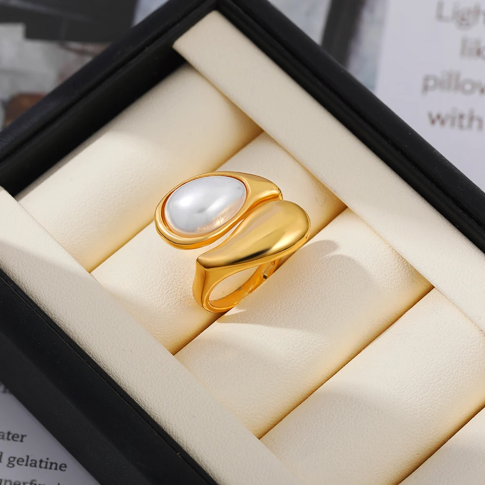 Vintage Dome Teardrop 18K Gold Plated Women's Rings Imitation Pearl Waterdrop Stainless Steel Open Chunky Ring Punk Jewelry Gift