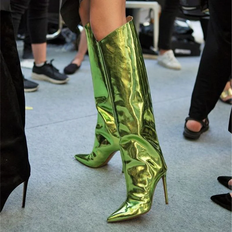 Thigh High Boots Candy Color Mirror Leather Women Knee High Boots Heels Stilettos Runway Shoes for Women Heel
