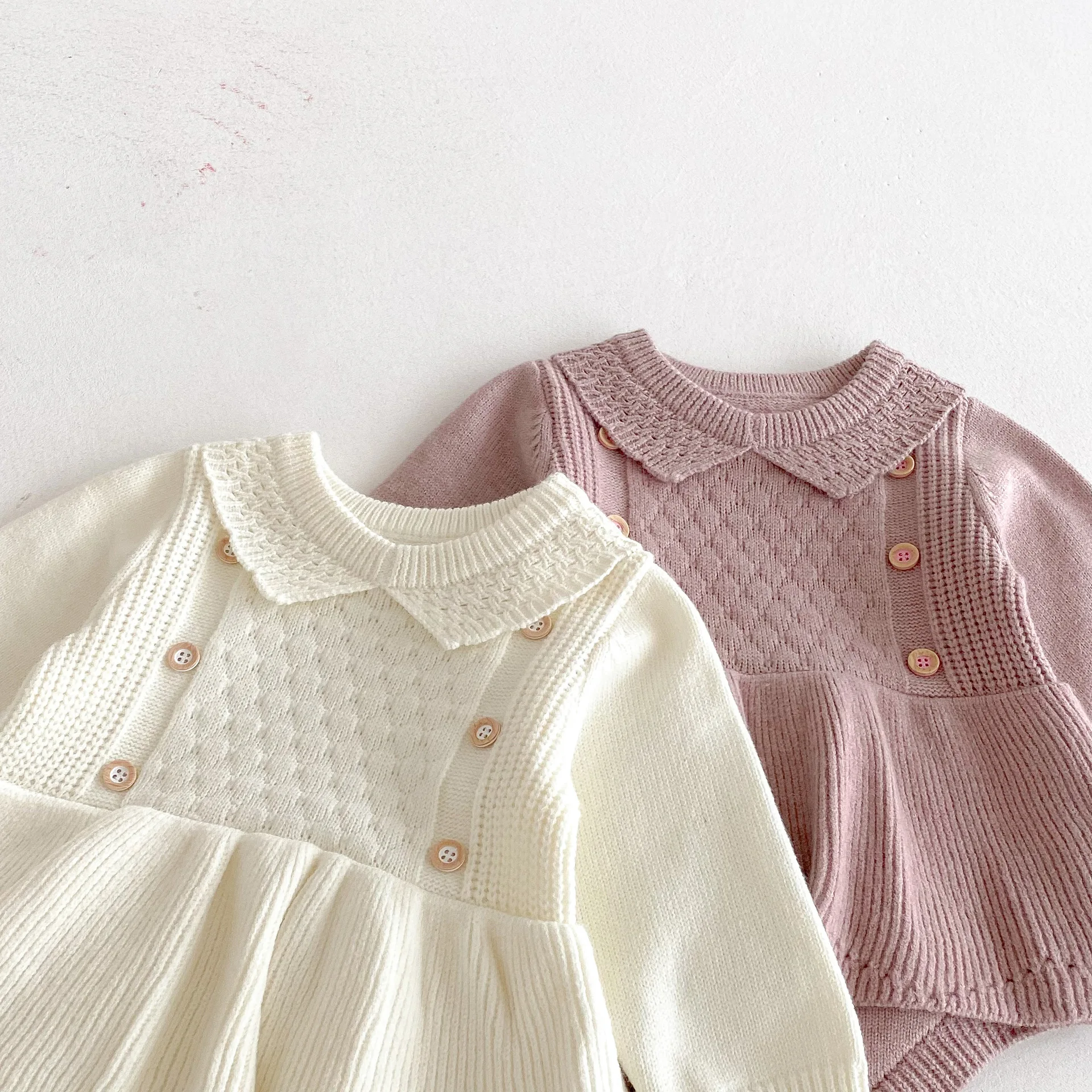 Baby Girls Knit Bodysuits Peter Pan Collar Ruffle One Piece